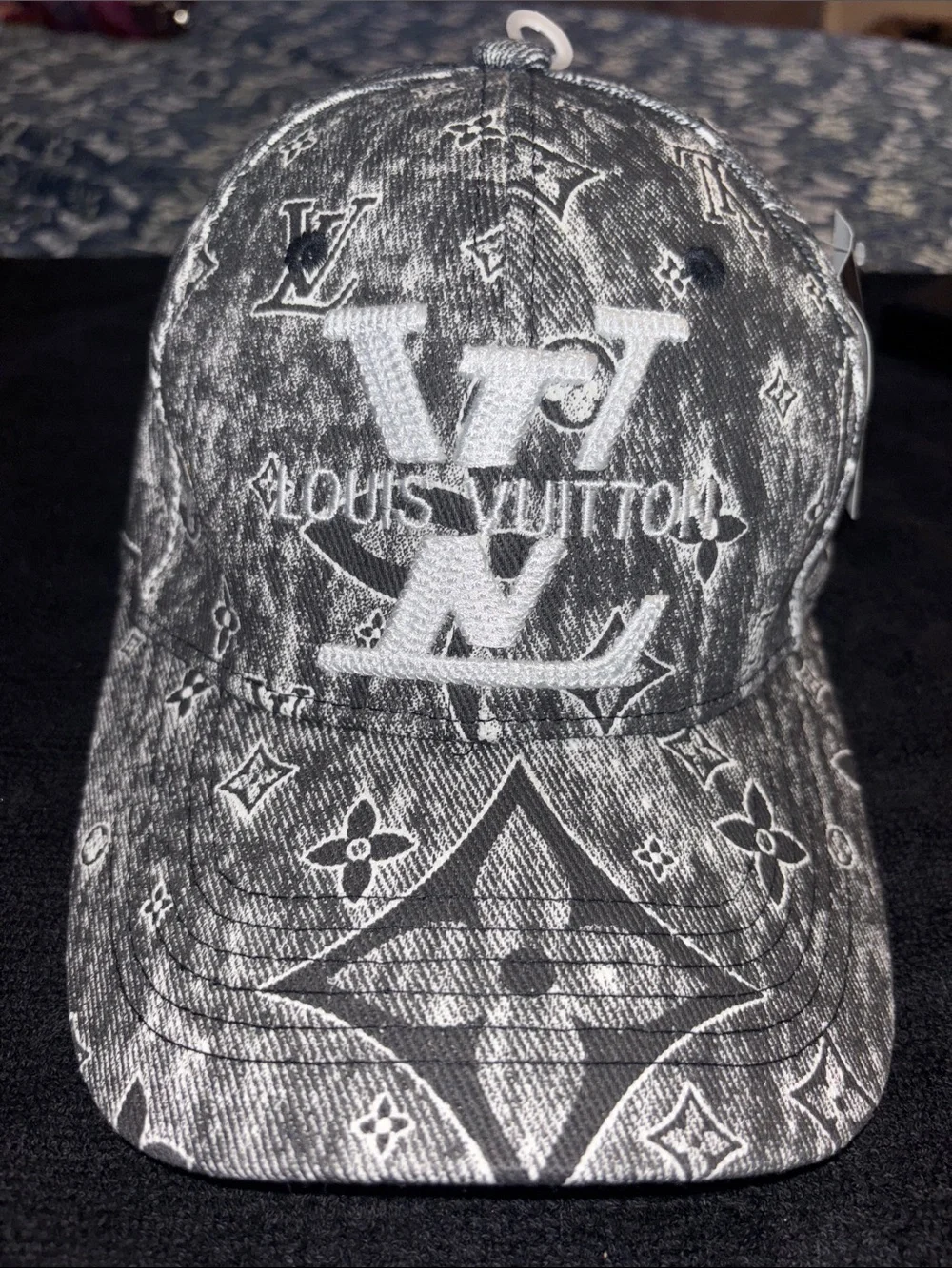 Black & White Monogram Denim-Style Logo Cap please read 👇